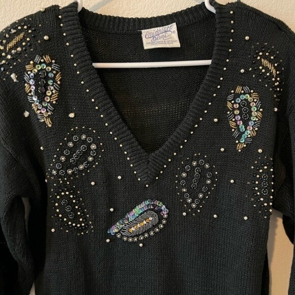 Vintage V-neck Embellished Knit Sweater Cottagecore Grandmacore SZ S-M - Picture 5 of 7